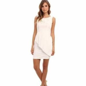 BCBGMaxAzria Siri Off White Tiered Ruffled Draped Sheath Jersey Dress